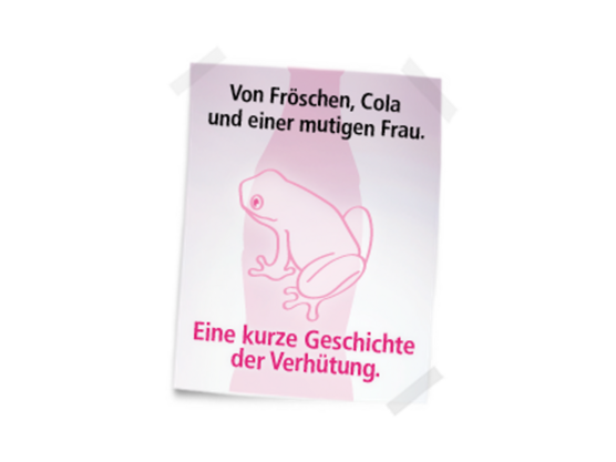 Ein Magazincover mit rosa Umriss eines Frosches. Der Text lautet: „Von Fröschen, Cola und einer mutigen Frau. Eine kurze Geschichte der Verhütung.“.