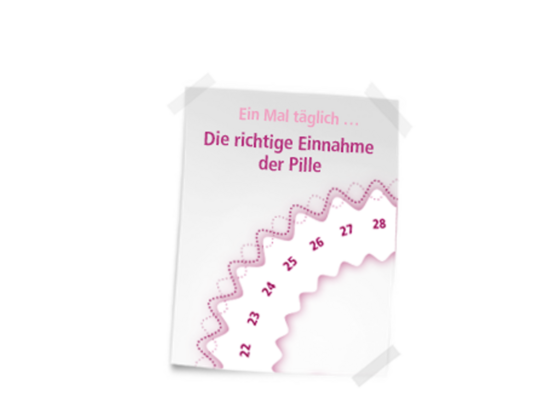 Ein weißes Papier mit rosa Zickzackmuster zeigt die Nummern 22, 23, 24, 25, 26, 27, 28 und den deutschen Text „Ein Mal täglich ... Die richtige Einnahme der Pille“. Das Papier ist an den Ecken abgeklebt.