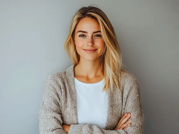 Junge Frau mit langen blonden Haaren, trägt ein weißes Hemd und einen beigen Pullover, lächelt mit verschränkten Armen und steht vor einem grauen Hintergrund.